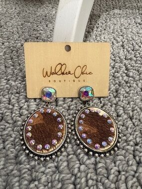 Brown Leatherette Drop Earrings with Iridescent Crystals